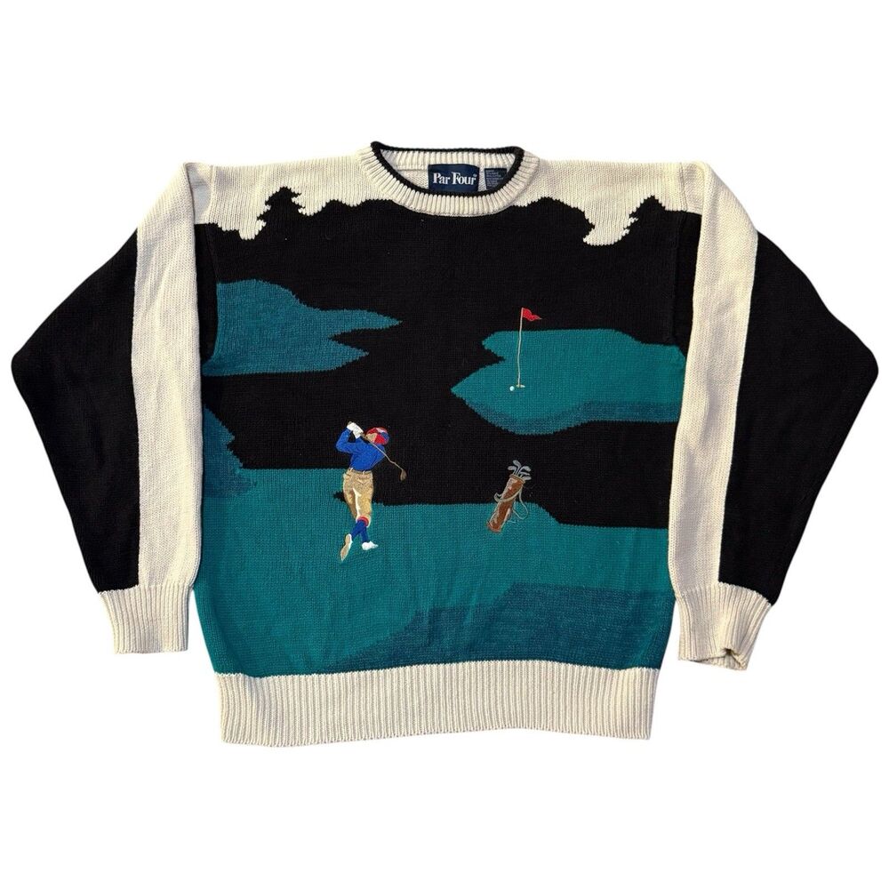 Vintage Par Four Embroidered Golf Scene Knit Sweater Sz M Golfer Green Flag Pin